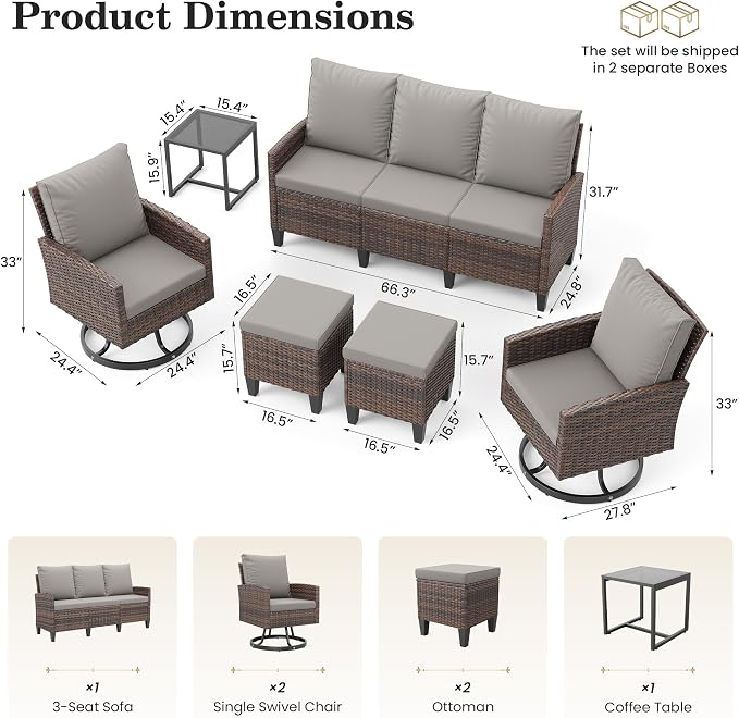 Amopatio Outdoor Patio Furniture Set, 6 Pieces Conversation Sofa with 360° Swivel Chairs, All Weather Wicker Outdoor Furniture for Backyard Garden Pool Deck,Grey