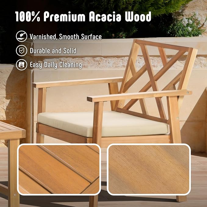 Werph 3-Piece Acacia Wood Outdoor Patio Furniture Set | Conversation Set with Padded Cushion Chairs and Coffee Table, for Porch Balcony Deck Backyard