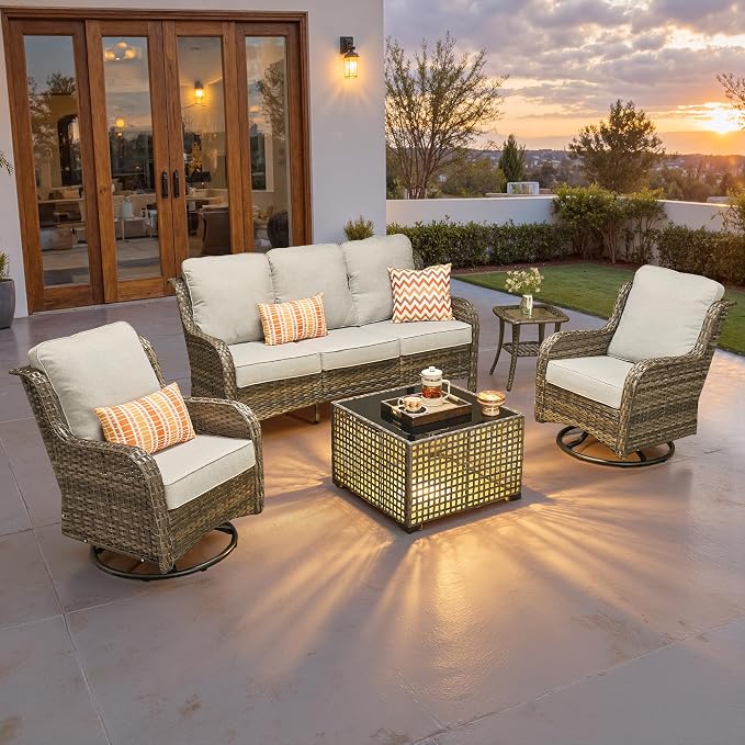 ovios 5-Piece Patio Furniture Set with Swivel Chairs Side Table, Outdoor Wicker Sofa with Comfy Cushions, High Back Couch Modern Conversation Sets, Grey/Grey