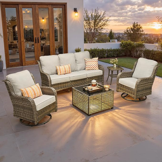 ovios 5-Piece Patio Furniture Set with Swivel Chairs Side Table, Outdoor Wicker Sofa with Comfy Cushions, High Back Couch Modern Conversation Sets, Grey/Grey