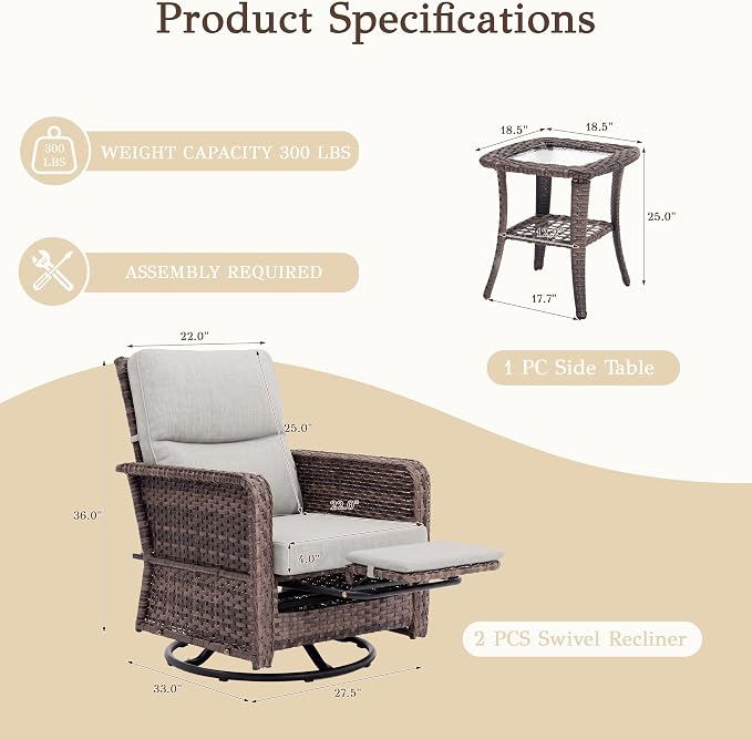Brafab Outdoor Swivel Recliner Chair Set of 3 - Ergonomic Reclining Patio Chair with Adjustable Backrest and Footrest, All-Weather Wicker Chaise Lounge Outdoor with Side Table