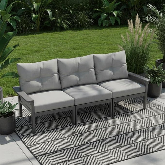 HDPE 3 Piece Patio Furniture Set, All-Weather Outdoor Couch Set with Thick Cushions, Patio Conversation Sets for Lawn, Garden, Porch, Deck, Balcony, Poolside, Grey Frame Grey Cushion