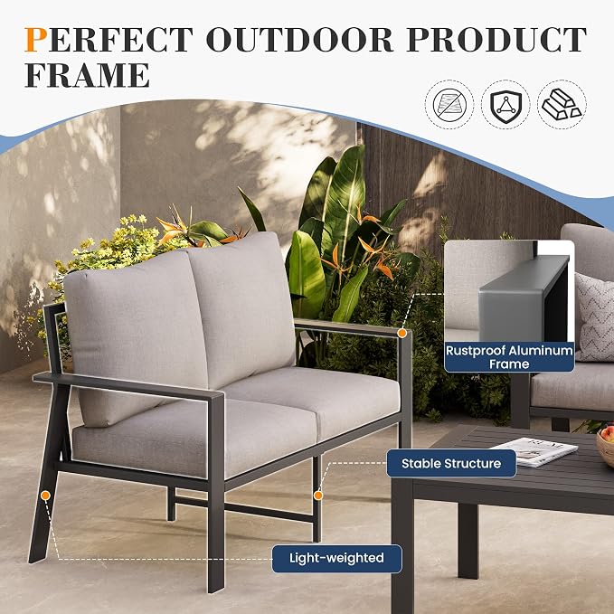 Aluminum Outdoor Furniture Loveseat Small Patio Couch Love Seat Outdoor Chairs with 4" Cushion Loveseats Sofa for Poolside,Balcony,Deck,Yard