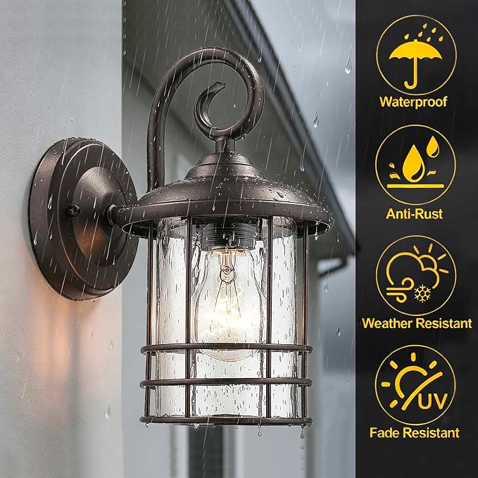 MICSIU Narrow 5.5" Wide Bronze Porch Light 1 Pack, H9.8 Vintage Farmhouse | Metal Round WaterProof Outdoor Wall Sconce, Seedy Glass Outside Fixture For Small Sidelight, Front Door, Garage