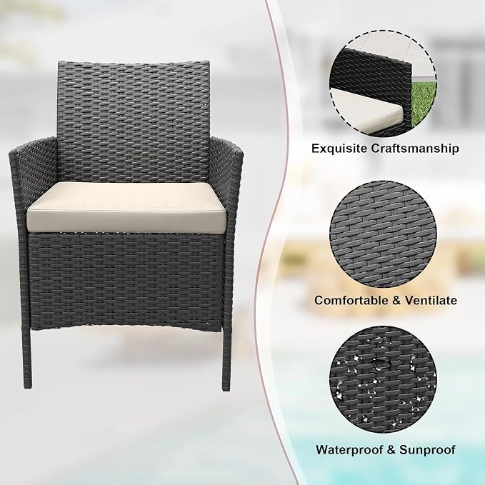 3-Piece Wicker Patio Sofa Set All-Weather Rattan Conversation Set with Cushions and Glass Coffee Table for Garden Porch Lawn