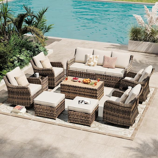 MEISSALIVVE Patio Furniture Set with Swivel Rocking Chairs, 10 Pieces Patio Conversation Set, Outdoor Wicker Sofa Couch with Waterproof Cushions for Lawn Backyard Porch (Brown)