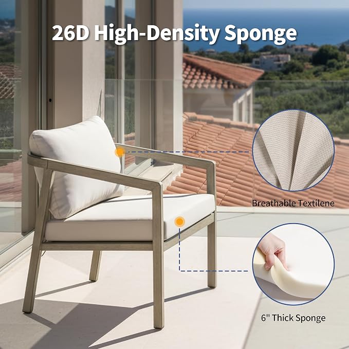 4-Piece Patio Sofa Set, Never-Rust Aluminum Patio Furniture with Thick Removable Cushions, Outdoor Conversation Set with 2 Armchairs, Loveseat & Table for Garden Deck Pool Poolside (Taupe)