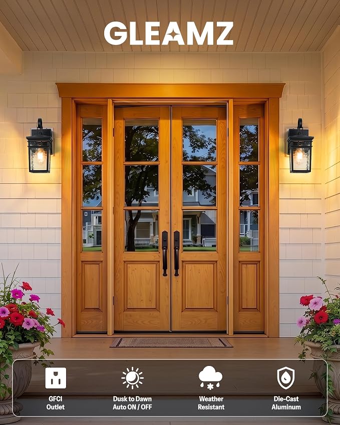Gleamz Dusk to Dawn Outdoor Lighting with GFCI Outlet, Black Porch Lights Outdoor with Water-Ripple Glass, Anti-Rust Exterior Lights for House, Garage, Patio, Doorway, 100% Aluminum, Waterproof