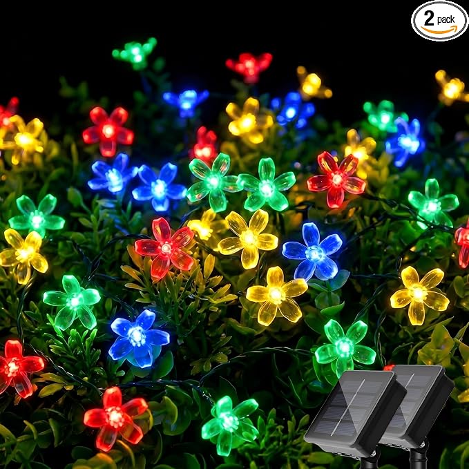 ITICdecor 2 Pack 50 LED Solar String Lights Outdoor Waterproof Flower Solar Lights for Garden Yard Fence Patio Christmas Tree Wedding Party Decor(Multicolor)