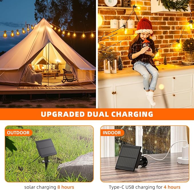 Kawaya G40 Outdoor String Lights Solar 50FT IP65 2700K LED Patio Light | IP65 Shatterproof Hanging Edison Blubs,2700K Warm White for Garden Porch Fence Camping Party Backyard Deck Bistro Balcony