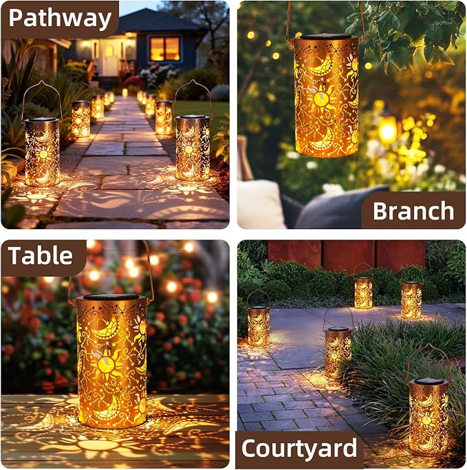 DIBIEECN Birthday Gifts for Women Mom Grandma Wife, Solar Lanterns Outdoor Waterproof, Metal Hanging Lights Garden Decor, LED Decorative Lantern for Patio Porch Backyard, Sun and Moon, 1 Pack