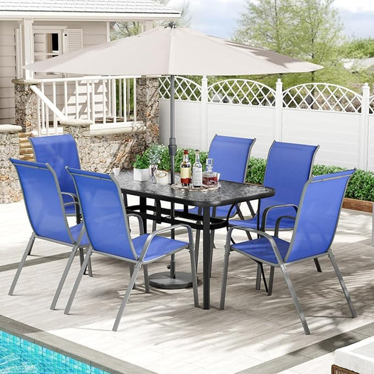 TLSUNNY Patio Dining Set for 6, Outdoor Table and Chairs W/1.69″ Umbrella Hole, 30"X 55" Table and Stackable Textilene Chair, All Weather Patio Furniture Set (Black Table & Navy Blue Chair)
