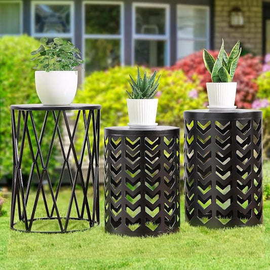 Y&M Outdoor Side Tables Set of 3, Nesting Metal End Coffee Tables, Indoor Round Accent Metal Tables for Patio, Porch, Balcony, Garden, Sunroom, and Living Room, Black