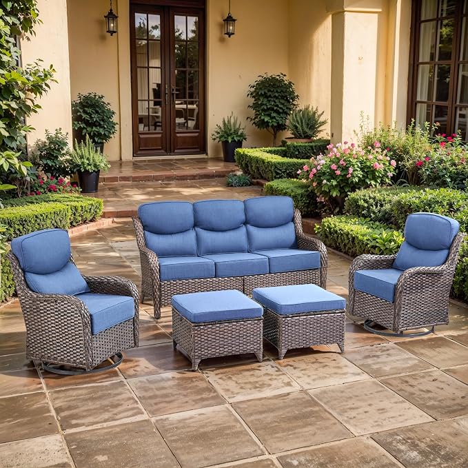 Luxury High Back Outdoor Furniture with 6-inch Extra Thick Cushions, Patio Furniture Set with Swivel Chairs, 5 PCS Wicker Conversation Set for Yard, Patio, Deck, Poolside, Brown/Blue