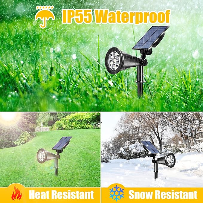 T-SUN Solar Spot Lights Outdoor Waterproof, Warm White, 4 Pack | 7 LEDs, 2 Lighting Modes, IP65 Waterproof Dusk to Dawn Solar Lights for Tree, Patio, Yard, Garden, Driveway, Pool Area