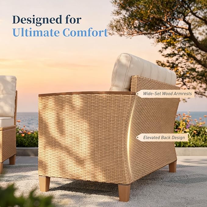 SUNSHINE VALLEY Small Patio Furniture Set, 6 Piece Wicker Outdoor Patio Conversation Set, Outside L-Shaped Sectional Sofa Couch with Chaise Lounge and 2 Ottomans for Porch Balcony Deck