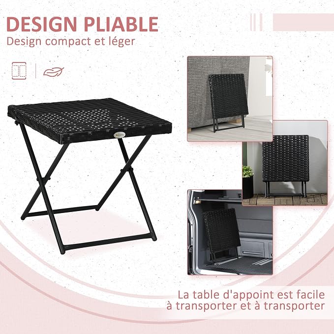 Outsunny Cosy Chic Folding Garden Coffee Table, Dimensions: 40 x 40 x 40 cm, Steel Resin Wicker Imitation Rattan Black