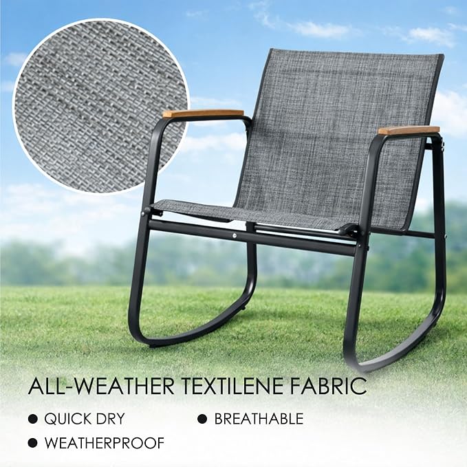 Kozyard 3-Piece Rocking Chair Set, Outdoor Rocking Textilene Bistro Set with Wooden Armrests, Outdoor Conversation Set with Glass Table for Lawn, Porch, Yard, Garden, Balcony, Poolside, Gray
