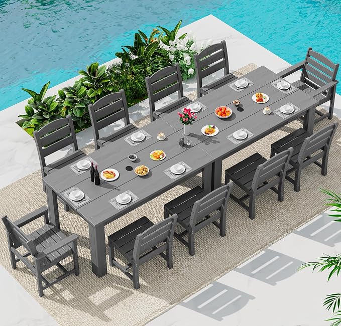 SERWALL Outdoor Dining Set for 10, w/ 2 Tables & 10 Chairs, Gray | All Weather Resistant HDPE Dining Sets for Patio, Garden, Backyard