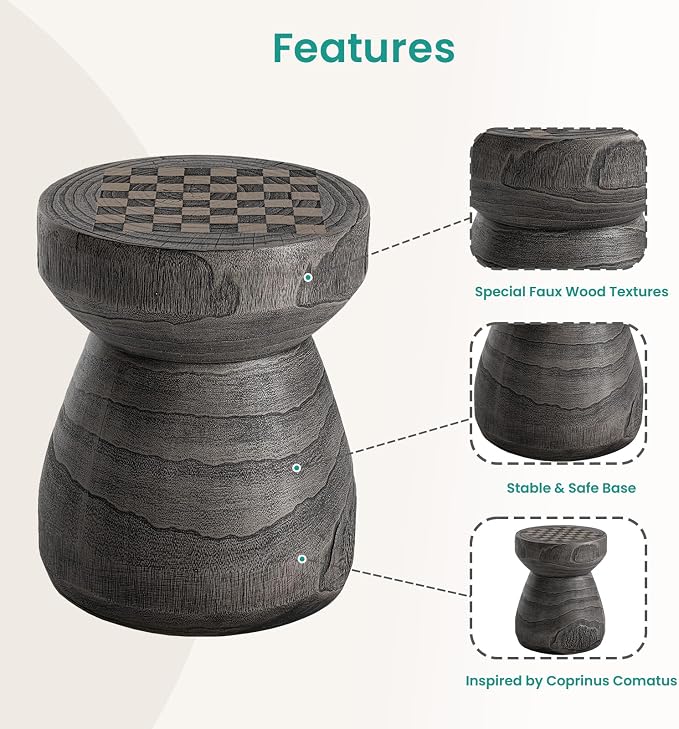 SUNBURY Outdoor Side Table, 14" Small Outdoor End Table, Patio Side Tables w Chessboard, Round Outdoors Concrete Side Tables, Garden Stool Plant Stand for Porch, Backyard, Grey