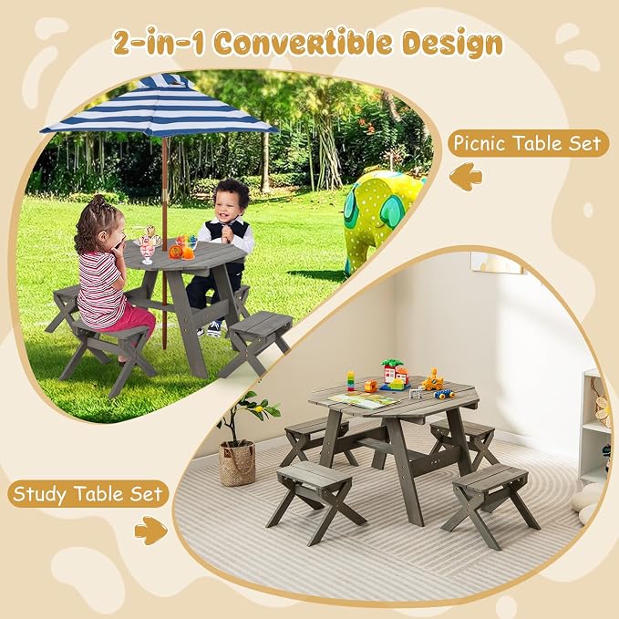 HONEY JOY Kids Picnic Table, Fir Wood Octagon Table & 4 Stool Set, Stripe Fabric Umbrella, Toddler Picnic Table for Outdoors, Children Backyard Furniture for Patio Garden(Gray)
