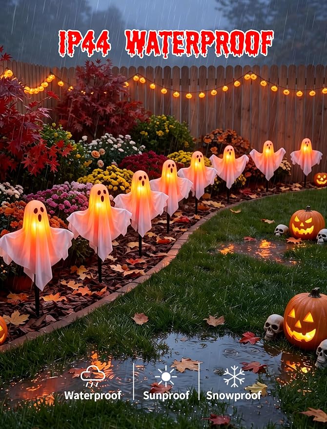 11.5FT Halloween Ghost Pathway Lights Outdoor, 4 Pack Hanging Porch lights | Adjustable Arms，Shatterproof, Waterproof, Plug in Halloween Decorations Outdoor for Lawn Driveway Garden Yard Decor