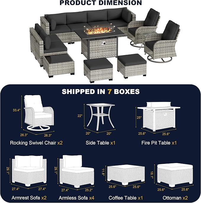 13-Piece Outdoor Patio Furniture Set with Rocking Swivel Chair, Wicker Rattan Sectional Sofa Conversation Set with 55,000 BTU Fire Pit Table with Ottomans, Backyard Furniture, Dark Grey