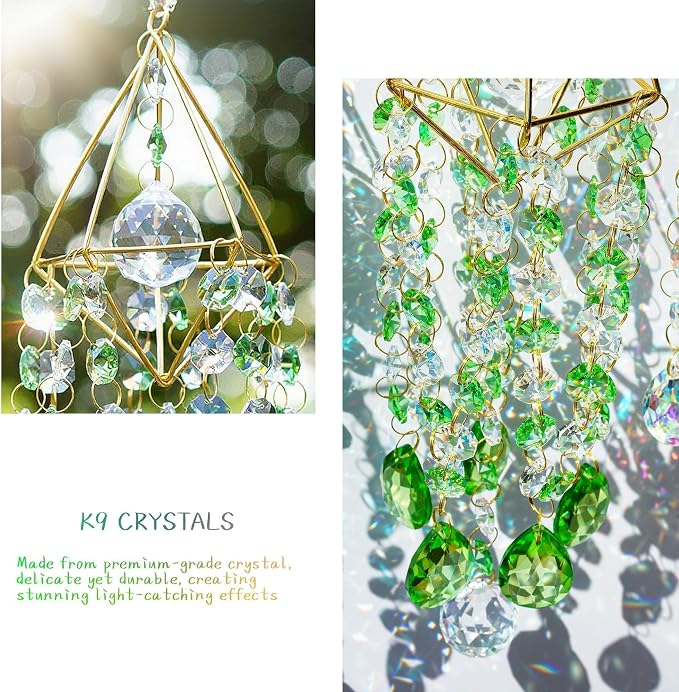 Crystal Suncatcher Glass Wind Chimes Style Sun Catchers Indoor Window | Hand-plated,Rainbow Prisms Suncatcher For Window Hanging,Whimsical Decor Home Garden Birthday Christmas Gift (21.5inch,Green)