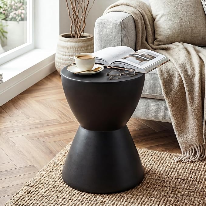 SUNBURY Outdoor Side Table Concrete, 19" H Outdoor End Tables Geometric Hourglass Shaped, Lightweight Round Accent Table, Decorative Modern Garden Stool for Patio, Backyard, Black