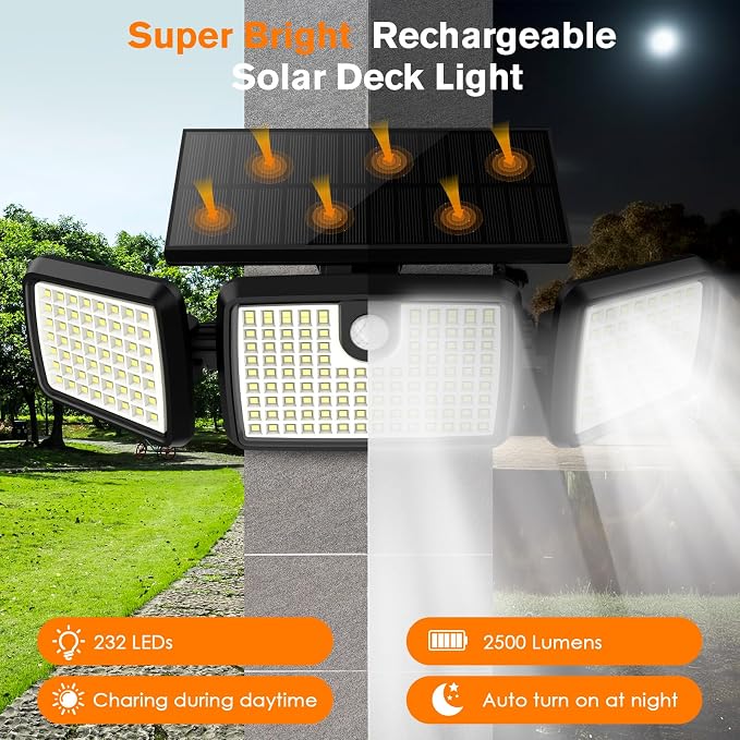 Solar Lights Outdoor, 3 Head Solar Motion Lights Outdoor with 2500LM High Brightness, Built-in Bigger Tempered Glass Solar Panel, Sensitive PIR Motion Inductor(3-Pack)