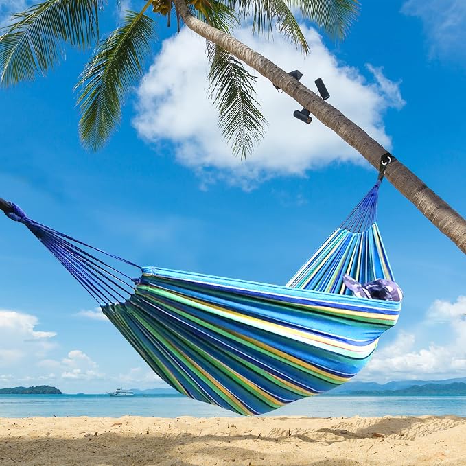 ANYOO Cotton Hammock Portable Camping Hammocks for Hanging Sturdy Garden Comfortable Fabric Hammock with Tree Straps Up to 660lbs with Travel Bag for Camping Outdoor/Indoor Patio Backyard