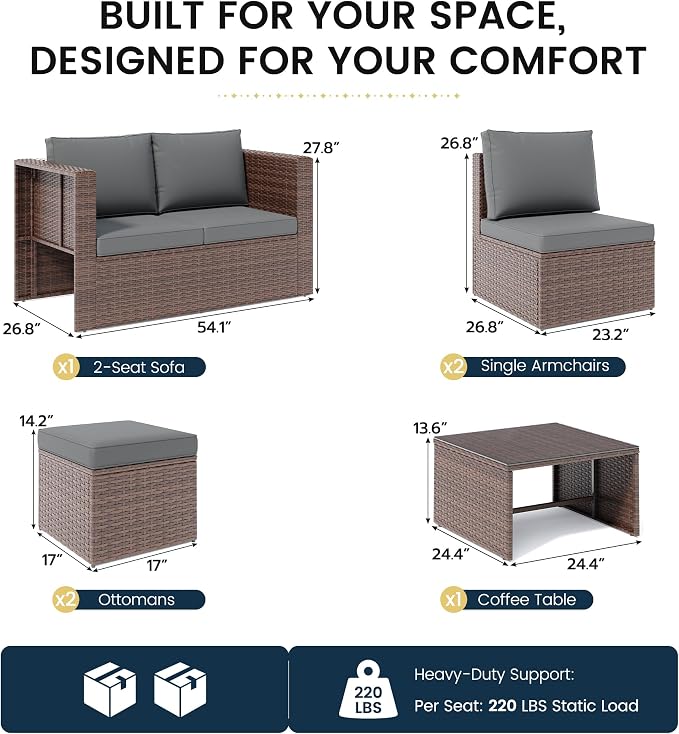 Amopatio Patio Furniture Set,All-Weather Wicker Outdoor Conversation Set with Glass Coffee Table, Cushions & Ottomans for Deck Backyard Porch Lawn Brown/Grey
