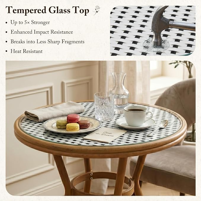 PURPLE LEAF 3-Piece French Bistro Dining Set Round Outdoor Patio Table and 2 Armless Chairs Tempered Glass Top PE Rattan Champagne Print Finish Aluminum Frame White