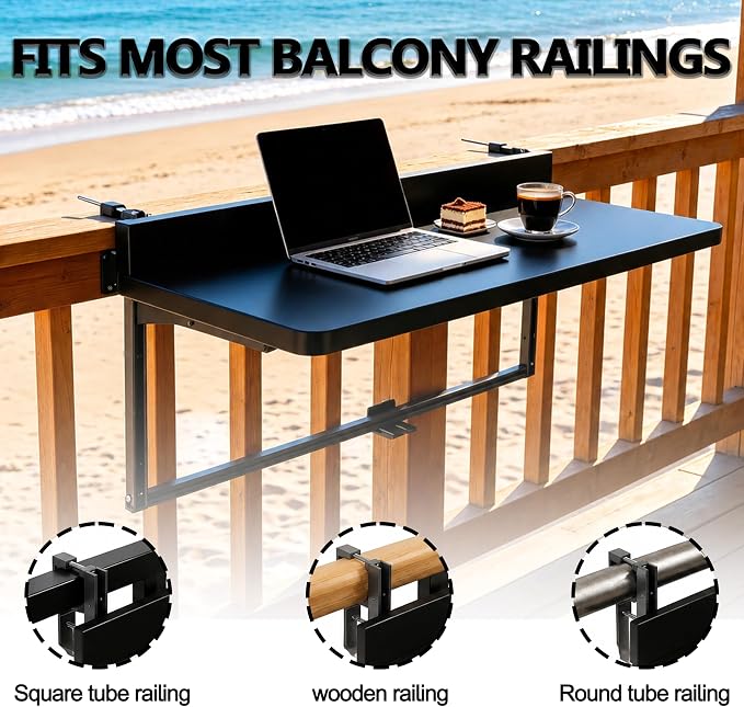Balcony Bar Table Hanging for Railings, Outdoor Adjustable Height Folding Deck Rail Table for Patio, Garden, Renter-Friendly Space Saving, Aluminum Weatherproof Fits Round/Square Rails, Black