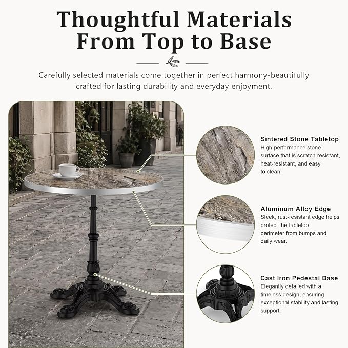 31.5" Outdoor Dining Table, Square Bistro Table w/Sintered Stone Tabletop | and Cast Iron Base, Weather Resistant Small Bistro Table for 2-4 for Outdoor Garden Café Use (Smoke Brown Marble)