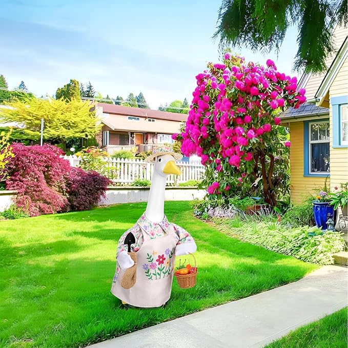 Floral Garden Porch Goose Outfits 23 Inch Geese Statue Costume with Hat Basket Shovel Goose Clothes for Spring Outdoor Garden Lawn Patio Decor