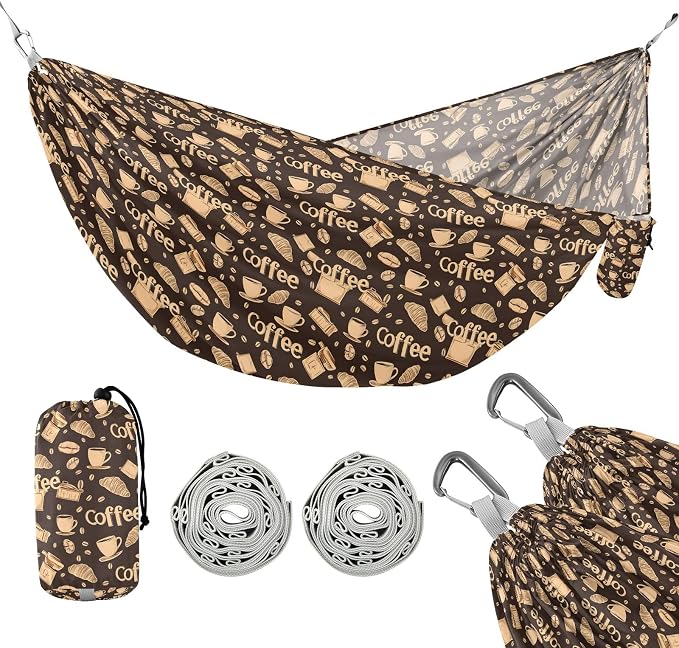 Camping Hammock Outdoor Hammocks for Outside Brown Croissants Coffee Beach Trees Portable Lightweight with Pockets Tree Straps Indoor