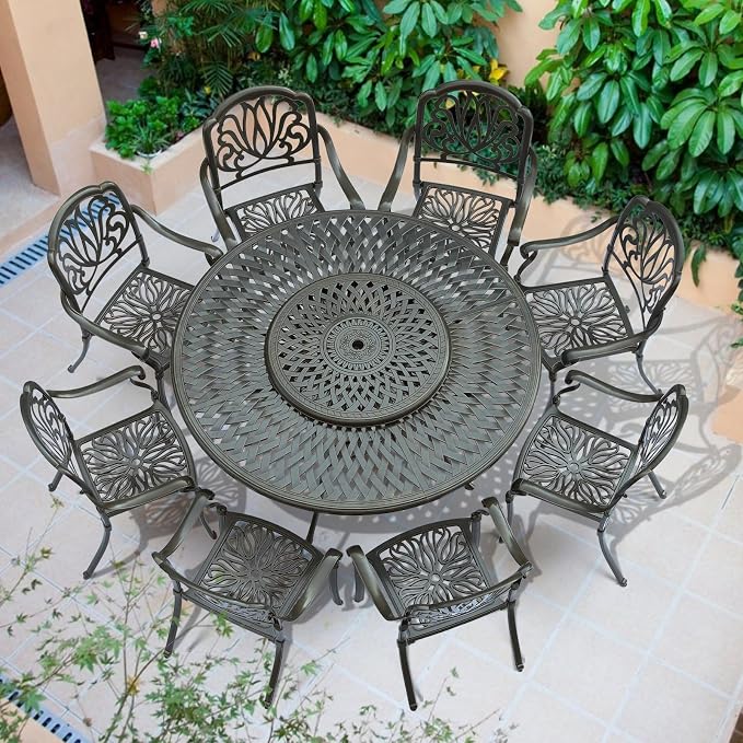 VIVIJASON Outdoor 61" Patio Dining Table for 6-8 Person, Large Patio Round Dining Table with Lazy Susan, Dark Bronze Cast Aluminum Rustic Patio Table with 2" Umbrella Hole for Balcony, Porch and Deck