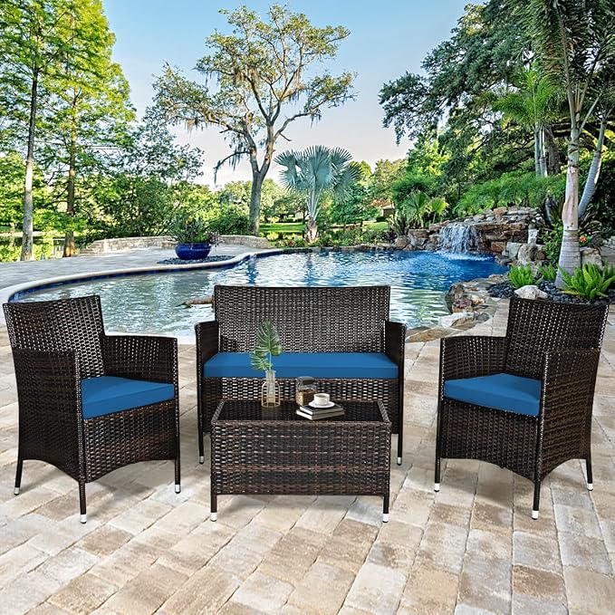 4 Pieces Patio Sofa Set, Wicker Conversation Set with Ergonomic Curved Backrest, Rattan Furniture Set with Water-Resistant Cushion & Tempered Glass Table for Balcony, Porch (Peacock Blue)