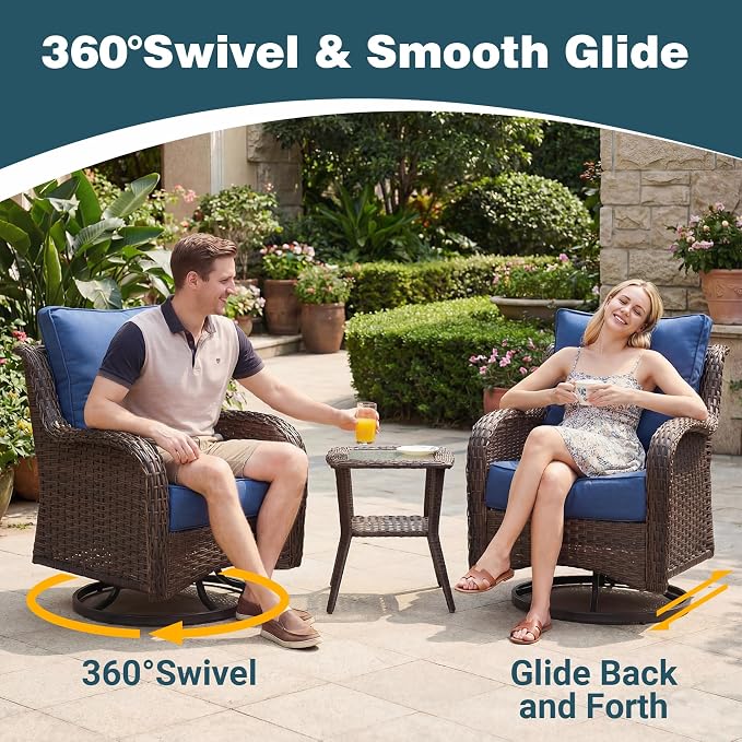Patio Furniture Set, 5PCS Outdoor Wicker Conversation Set with 6" Thick Cushions, High Back Swivel Rocker Chairs, Weather Resistant Olefin Fabric for Garden, Poolside, Navy Blue