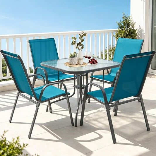 5 Piece Patio Dining Set with Wider 24.4" Stackable Chairs, Outdoor Dining Set for 4 with 36"*36" Table, Gery Metal Frame and Blue Textilene