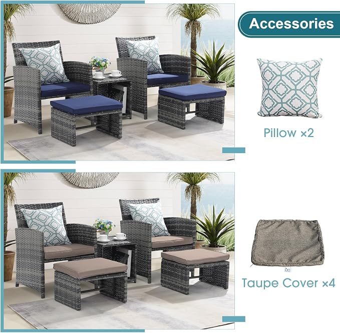 OC Orange-Casual 5 Piece Patio Furniture Set, Wicker Outdoor Conversation Chair and Ottoman Set with Coffee Table, for Balcony, Porch, Deck, Navy Blue