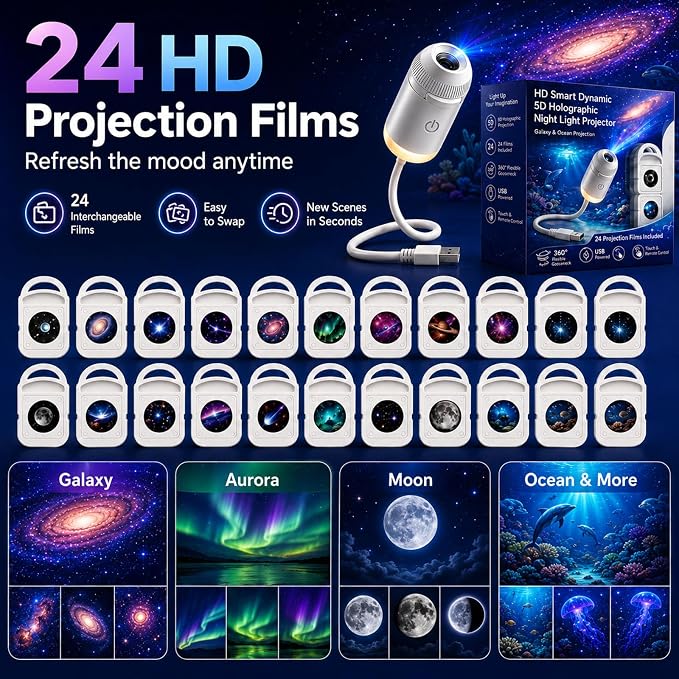 2027 Upgraded Hd Smart Dynamic 5d Holographic Night Light Projector, Plug and Play Hd Star Projector, 360° Adjustable Hd Galaxy and Ocean Projector for Indoor and Outdoor (6 Projection Films)