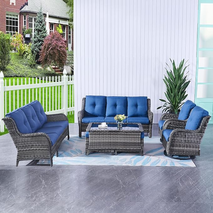 HUMMUH 7pcs Patio Furniture Set Swivel Rocker Patio Chairs,PE Wicker Outdoor Sofa Set of 2 with Coffee Table and Ottomans(Grey,Blue)