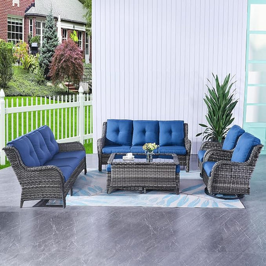 HUMMUH 7pcs Patio Furniture Set Swivel Rocker Patio Chairs,PE Wicker Outdoor Sofa Set of 2 with Coffee Table and Ottomans(Grey,Blue)