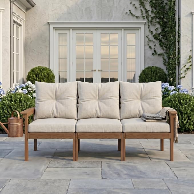 3-Piece Teak Outdoor Sofa Set, 3×3-Seat HDPE Sofas with Thick Beige Cushions, Large Patio Conversation Seating for Backyard, Deck, Garden