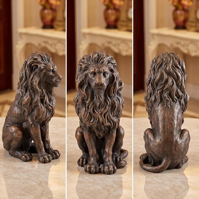 20.5" Brown Lion Statue, Resin Outdoor Guardian Sculpture | Weather-Resistant Finish, Simulated Animal Decor, For Villa Garden Park Resort, Home Courtyard