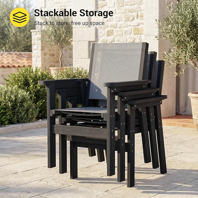 HDPE Outdoor Dining Chairs Set of 2 | Textilene Weather Resistant Patio Stackable Chairs for Garden, Backyard, Lawn and Poolside, Black