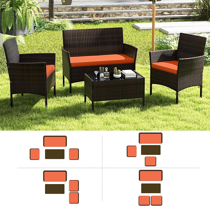 RELAX4LIFE 8-Piece Patio Furniture Set - Rattan Outdoor Conversation Bistro Set w/Cushions, Glass Coffee Table, Wicker Chairs & Loveseat for Garden Backyard Porch, Balcony Furniture Set (2, Orange)