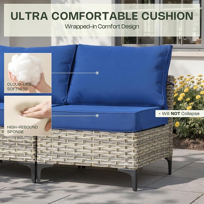 10 Pieces Patio Furniture Set, Outdoor Conversation Set with 360° Swivel Rocker Chairs, Wicker Sectional Sofa & Solar Coffee Table, High Back Outdoor Furniture L Shaped Couch for Porch Deck, Navy Blue